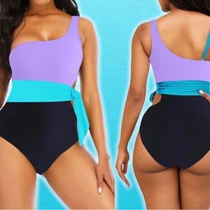 Purple Blue Black Color Block One Piece Swimsuit Monokini Cut Out SIZE M